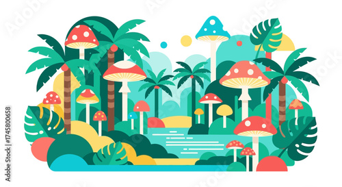 Colorful fantasy forest scene with giant mushrooms and tropical plants.