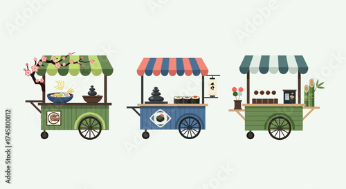 Colorful food carts showcasing various culinary delights and street food options.