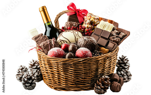 Sophisticated festive basket design showcasing assorted sweets wine bottle and premium holiday gift presentation isolated on transparent background PNG