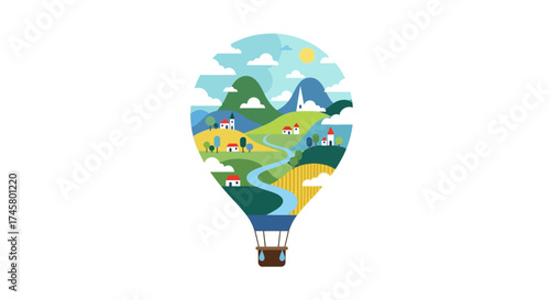 Colorful hot air balloon soaring over picturesque landscape with mountains and river.