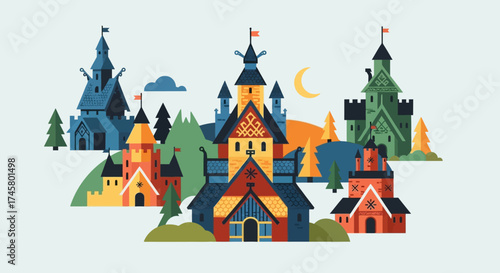 Colorful illustration of various traditional Norwegian wooden buildings.