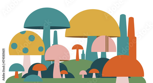 Colorful mushroom illustration showcasing various shapes and sizes in a whimsical forest scene.