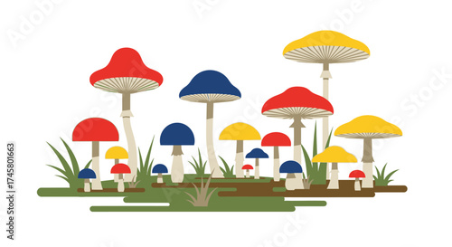Colorful Mushroom Patch Illustration.