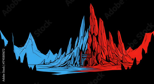 Generative AI Red and Blue Fantasy Landscape Mountains Gate Illustration Cartoon Black background Rocky Arch Entrance Adventure Mystery Imagination Portal - Modern Look