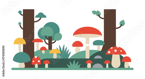 Colorful mushrooms and trees in a whimsical forest illustration.