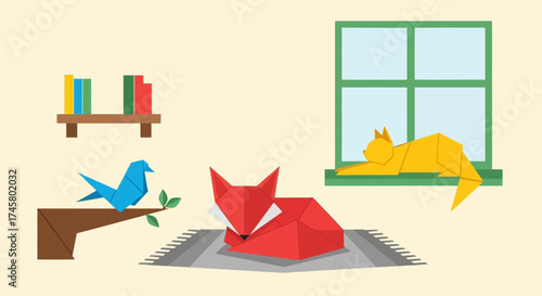 Colorful Origami Animals in a Stylized Room Setting.