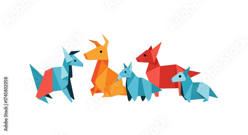 Colorful origami animals in various sizes and hues, showcasing paper art.