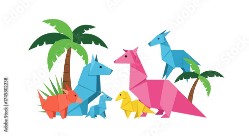 Colorful origami dinosaurs family in a tropical environment with palm trees.