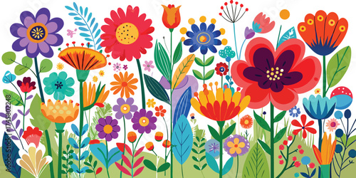 Vibrant and whimsical folk art style illustration of a diverse garden filled with colorful blooming flowers and lush green foliage