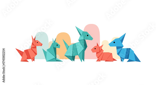 Colorful Origami Dinosaurs in a Row.