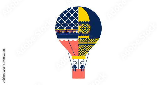 Colorful patterned hot air balloon with two passengers on a journey.