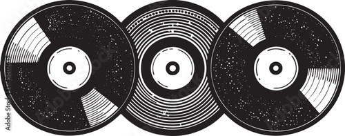 Three vintage vinyl records with intricate grooves and labels arranged in a visually striking overlapping composition