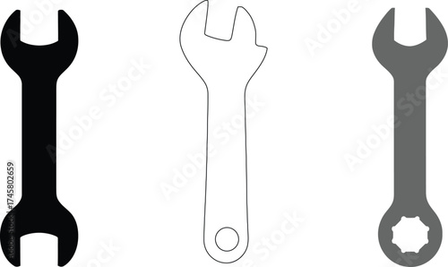 Illustration of wrenches in black gray and outline version tool