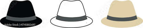 Set of stylish fedora hats in different colors illustration