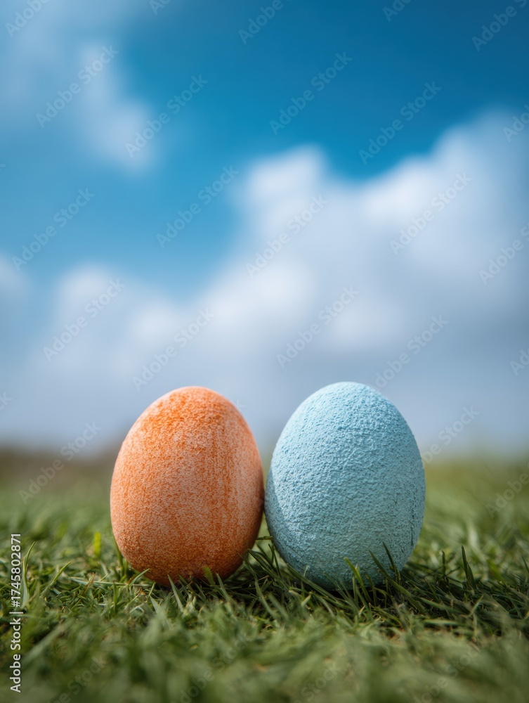 Fototapeta premium Colorful Decorative Eggs Sit on Green Grass Under a Clear Blue Sky With Fluffy Clouds, Creating a Vibrant Spring Atmosphere During an Outdoor Celebration