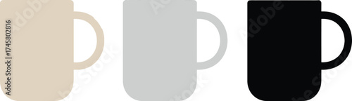 Three Mugs in Different Colors Isolated on White Background