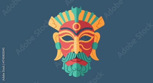 Colorful Tribal Mask with Elaborate Headdress and Beard.