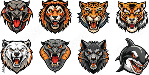 Collection of fierce animal head illustrations featuring a wolf tiger lion leopard bear cobra shark and jaguar with aggressive expressions