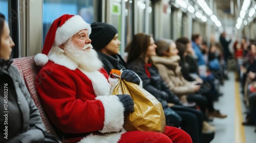 Santa Claus in Subway Train with Bag of Gifts Surrounded by Winter Commuters