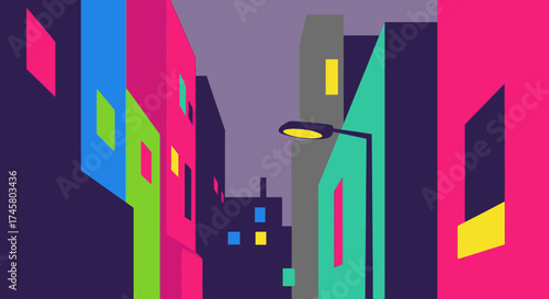Colorful Urban Nightscape - Geometric Buildings and Streetlight Illustration.