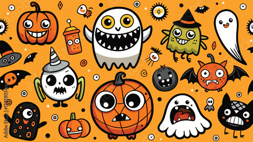Whimsical and spooky halloween characters including ghosts pumpkins bats and monsters in a fun cartoon style on an orange background