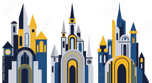 Colorful vector illustration of a fantasy castle cityscape.