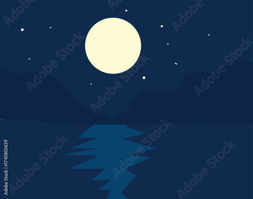 Calm night landscape with full moon reflecting over water, minimal flat design illustration perfect for peaceful wallpapers and dreamy digital art.