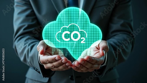 Businessman holding a glowing co2 cloud in his hands, representing carbon emissions and environmental impact and animation video 4k