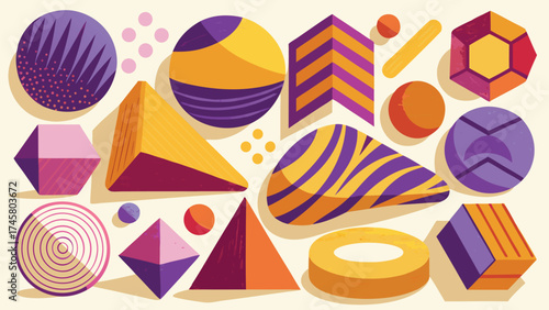 Collection of abstract geometric shapes and colorful gemstones with textured surfaces and shadows on a light background