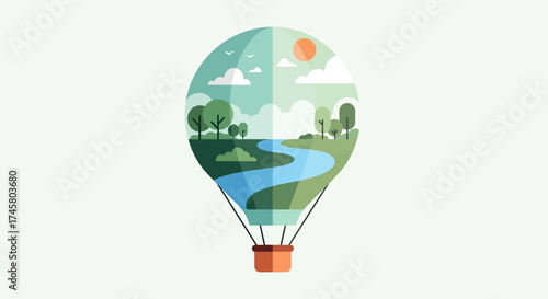 Creative hot air balloon illustration with a beautiful nature landscape.