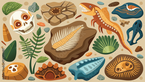 Collection of colorful cartoon fossils and prehistoric artifacts including dinosaur bones ammonites and ancient skulls on a textured background