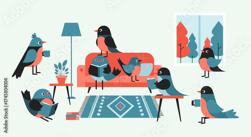 Cute cartoon birds relaxing and reading indoors.