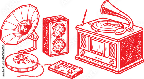 Collection of vintage audio devices including a gramophone radio and cassette player in a stylized red line drawing