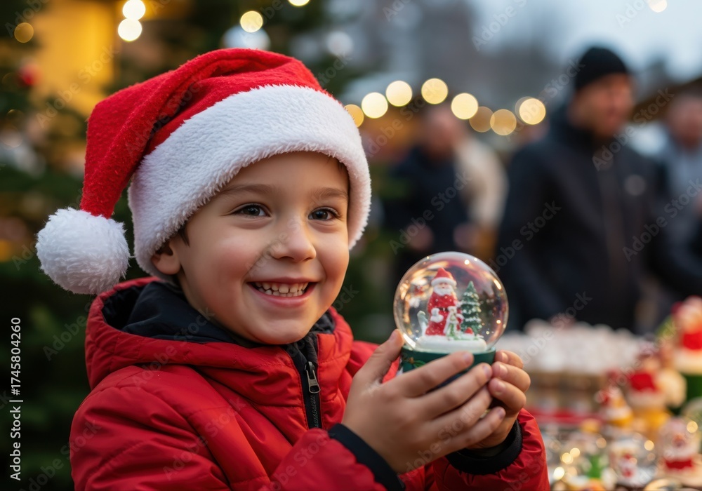 Naklejka premium joyful child holding snow globe at festive christmas market in winter evening