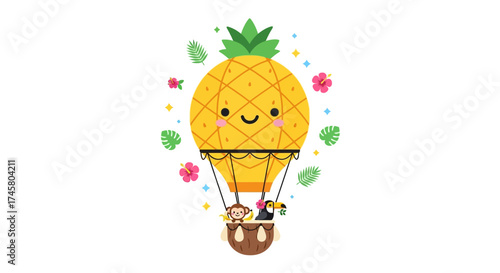 Cute pineapple hot air balloon with happy face and passengers.