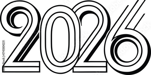 Bold art deco style numerals representing the year 2026 in a clean black and white line drawing design