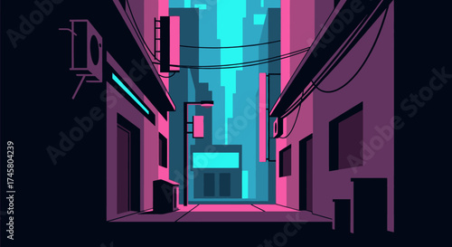 Cyberpunk Alleyway with Neon Lights and Buildings.