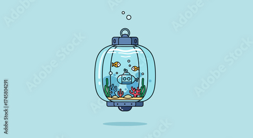 Decorative aquarium with fish and aquatic plants inside a glass container.