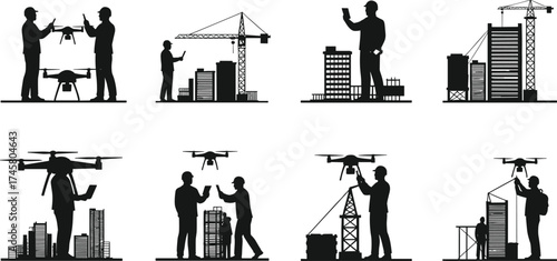 Construction engineers using drone technology for building inspection and architecture development, modern city infrastructure design, smart engineering innovation concept illustration vector.