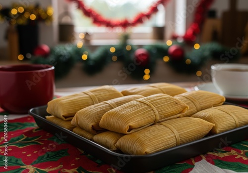 traditional mexican tamales on holiday table with festive decorations and warm lighting