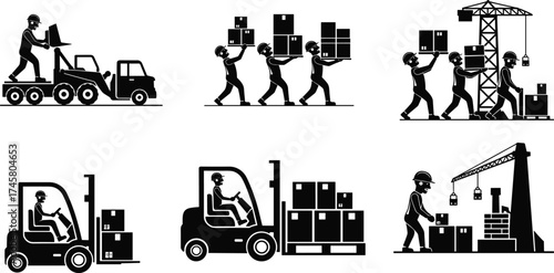 Industrial Workers Handling Boxes with Forklifts, Cranes, and Trucks – Logistics, Transportation, Warehouse Operations, Manual Labor, Machinery Vector Silhouette Scene