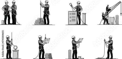 Construction Workers Performing Site Tasks with Safety Gear – Blueprint Review, Crane Operation, Measurement, Inspection, Documentation, Cable Handling Vector Illustration