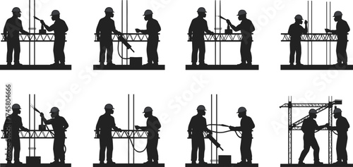 Silhouette Construction Workers Assembling Rebar and Crane Structures – Industrial Labor, Safety Gear, Teamwork, Building Site Activity, Vector Illustration Set