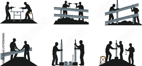 Silhouette Construction Workers Collaborating on Metal Beam Installation – Industrial Teamwork, Building Process, Infrastructure Labor, Safety Equipment, Site Activity Vector