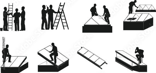 Skylight Installation Process Silhouette Set Showing Roof Window Assembly Steps with Workers, Tools, Ladder, Panels, and Construction Equipment