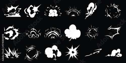 Collection of 20 White Cartoon Explosion and Impact Effects on Black Background