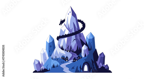 Dragon guarding a majestic crystal mountain fortress.