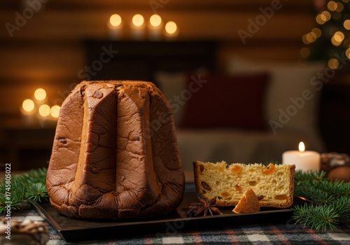 festive pandoro cake with dried fruits on wooden table, cozy christmas atmosphere