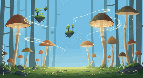 Enchanted Mushroom Forest with Floating Islands and Magical Glow.