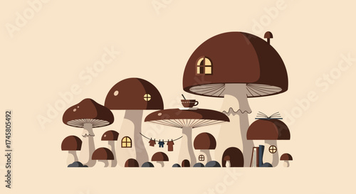 Enchanting Mushroom Village - A Whimsical Fantasy Landscape.